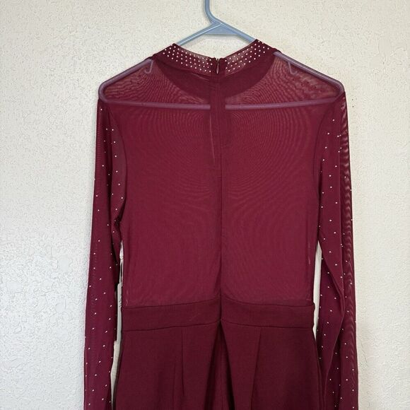 Iris‎ Burgundy Illusion Mesh Silver Studs Bodycon Sz M Hi Neck Jumpsuit NWT - Picture 6 of 14